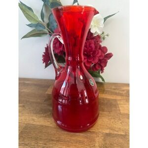 Vintage Italian Ruby Bright Red Glass Pitcher Carafe MCM Barware Decor Bar Cart